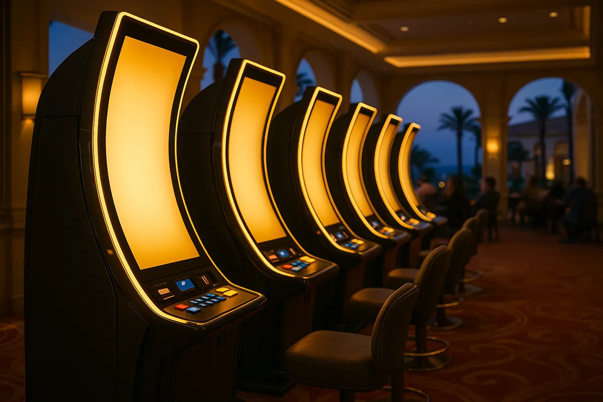 Row of upright slot machine cabinets on a Greek casino floor