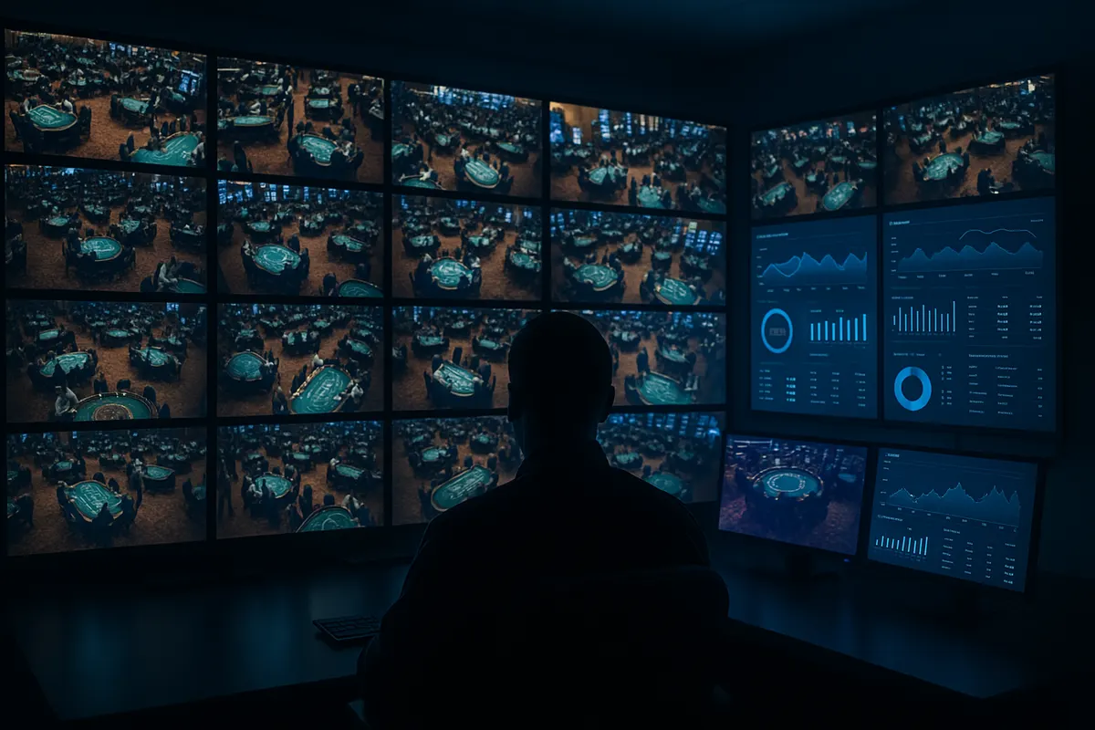Casino surveillance room with camera feeds and a data dashboard on adjacent monitors