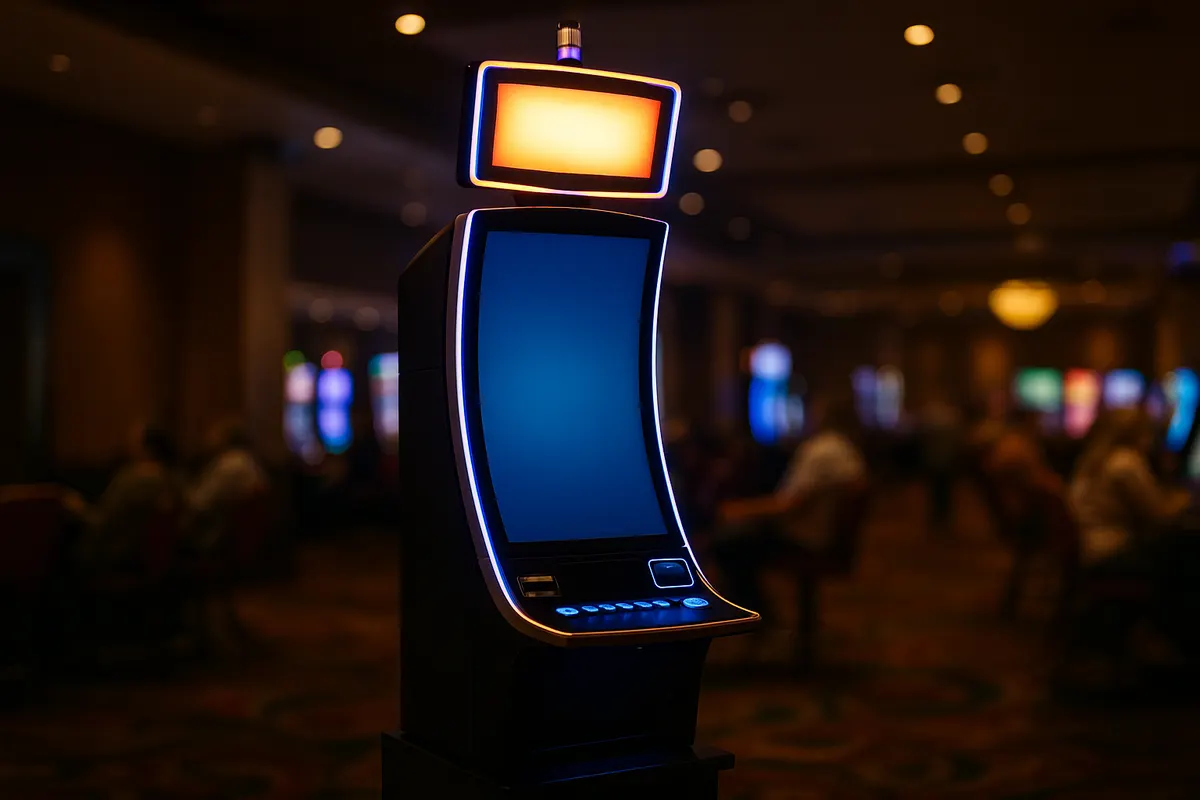 Modern multi-screen slot machine cabinet with illuminated topper on a casino floor